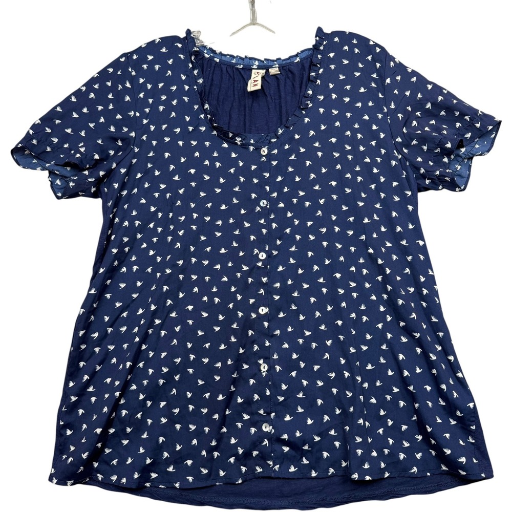 Dolan Left Coast Collection Blouse L Blue Bird Print Ruffle Neck Button Up